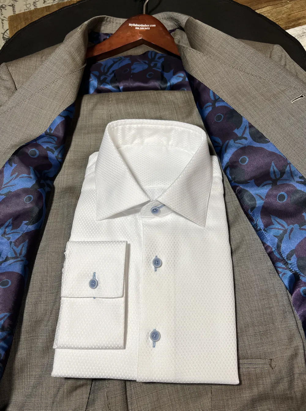 Custom white dress shirt and patterned-lining jacket