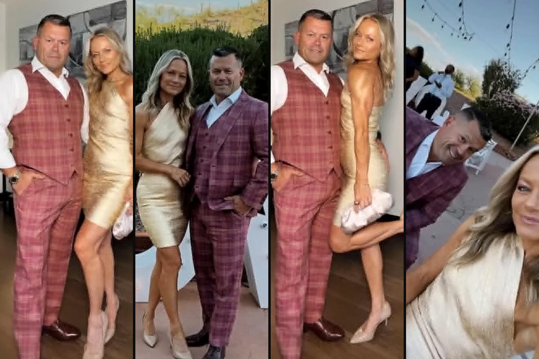 Four photos of a client in a custom pink plaid suit and vest with his date in a gold dress